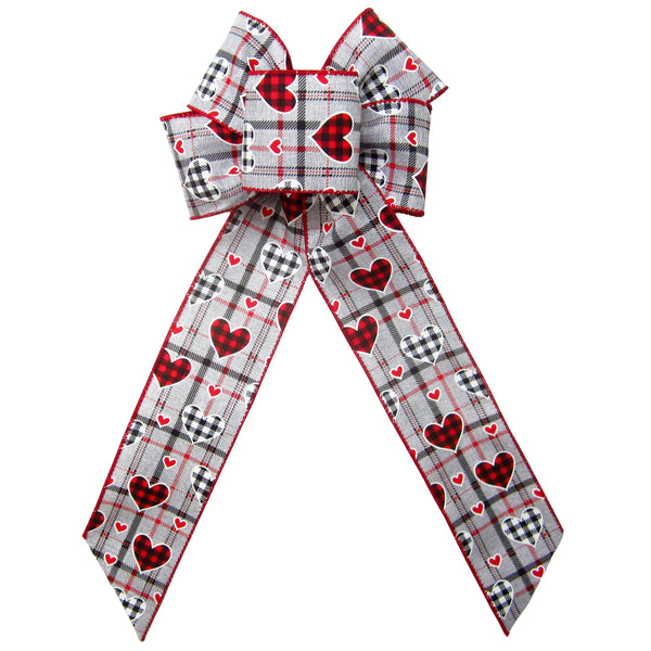 Wired Buffalo Hearts Valentine Gray Plaid Bow (2.5"ribbon~6"Wx10"L)