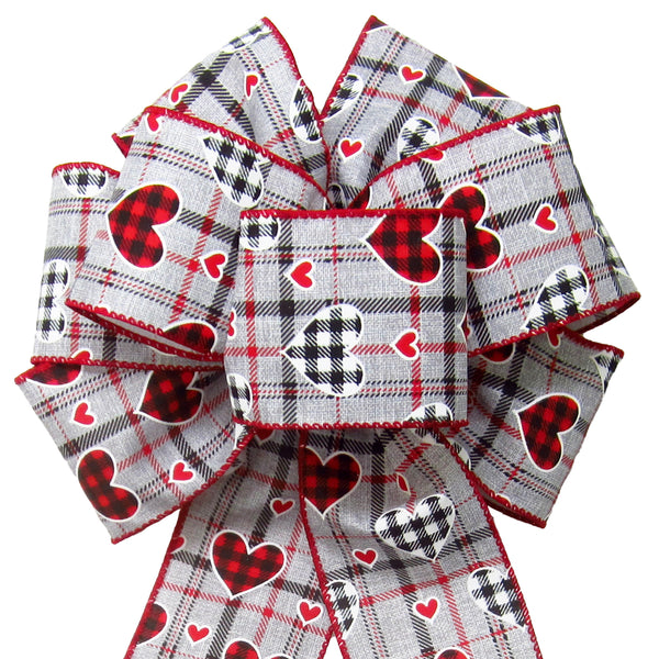 Wired Buffalo Hearts Valentine Gray Plaid Bow (2.5"ribbon~8"Wx16"L)