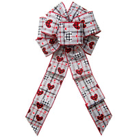 Wired Buffalo Hearts Valentine Gray Plaid Bow (2.5"ribbon~8"Wx16"L)