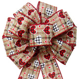 Wired Buffalo Hearts Valentine Natural Plaid Bow (2.5"ribbon~10"Wx20"L)