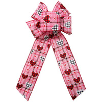 Wired Buffalo Hearts Valentine Pink Plaid Bow (2.5"ribbon~6"Wx10"L)