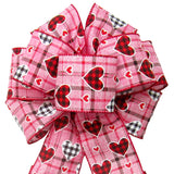 Wired Buffalo Hearts Valentine Pink Plaid Bow (2.5"ribbon~8"Wx16"L)