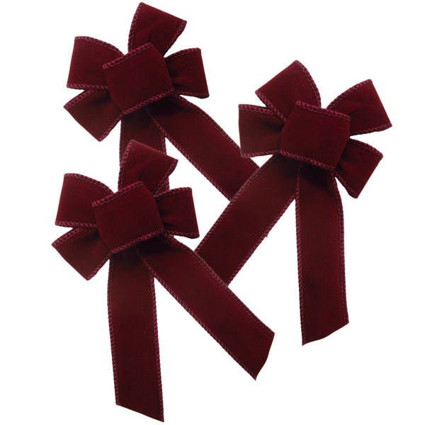 Wired Indoor Outdoor Burgundy Velvet Bow (1.5"ribbon~4"Wx6"L) 3Pack