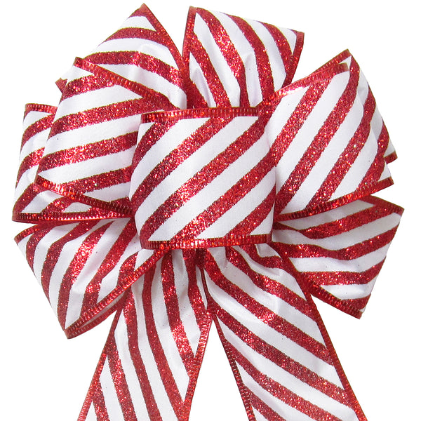 Christmas Wreath Bows - Wired Candy Cane Glitter Stripes Bow (2.5"ribbon~8"Wx16"L)
