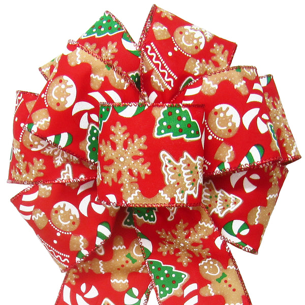 Gingerbread Bows - Wired Christmas Cookies & Candy Red Bow (2.5"ribbon~8"Wx16"L)