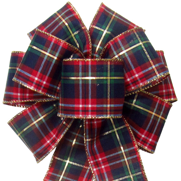 Wired Crimson & Navy Blue Plaid Christmas Bow (2.5"ribbon~8"Wx16"L)