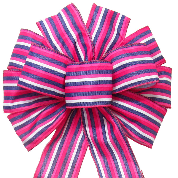 Wired Pink White Blue Denim Stripe Bow (2.5"ribbon~10"Wx20"L)