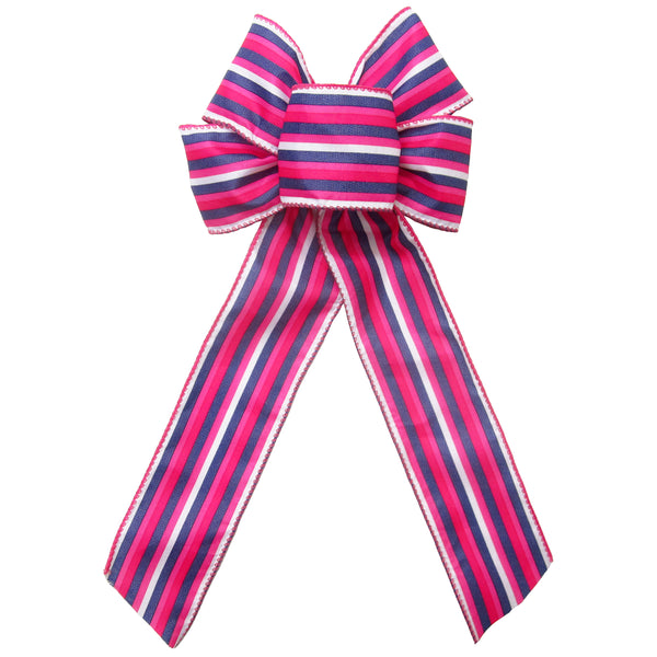 Wired Pink White Blue Denim Stripe Bow (2.5"ribbon~6"Wx10"L)