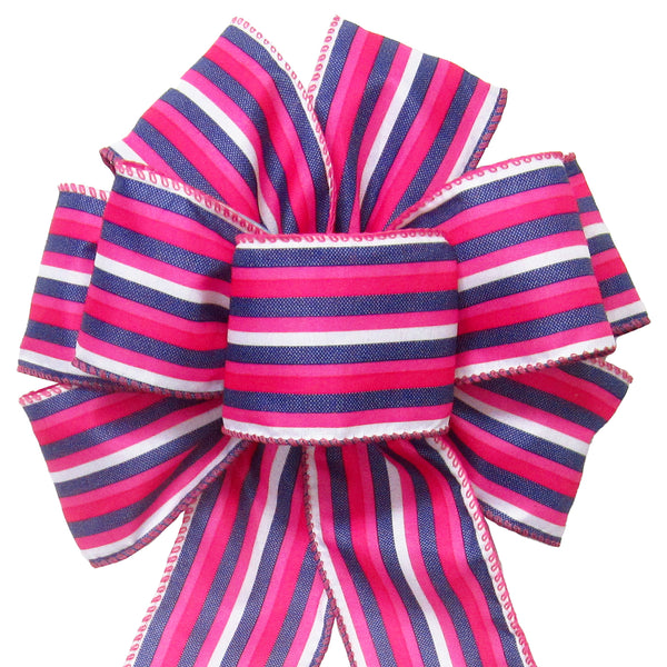 Wired Pink White Blue Denim Stripe Bow (2.5"ribbon~8"Wx16"L)