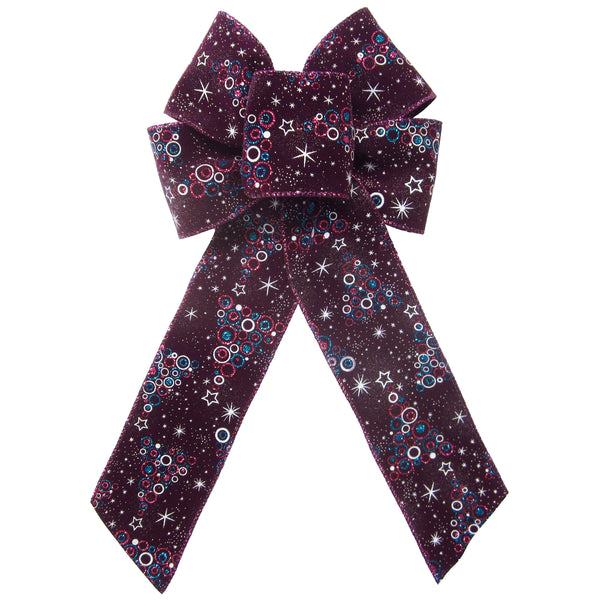 Wired Enchanted Stars & Christmas Trees Purple Velvet Bow (2.5"ribbon~6"Wx10"L)