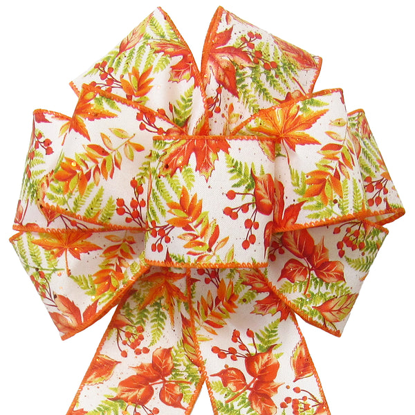 Wired Fall Leaves & Ferns Autumn Bows (2.5"ribbon~8"Wx16"L)