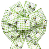 Spring Bows - Wired Gingham Bees & Daisies Lime Bow (2.5"ribbon~10"Wx20"L)