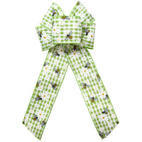 Easter Bows - Wired Gingham Bees & Daisies Lime Green Bow (2.5"ribbon~6"Wx10"L)
