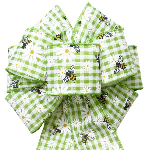Spring Bows - Wired Gingham Bees & Daisies Lime Green Bow (2.5"ribbon~8"Wx16"L)