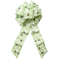 Easter Bows - Wired Gingham Bees & Daisies Lime Green Bow (2.5"ribbon~8"Wx16"L)