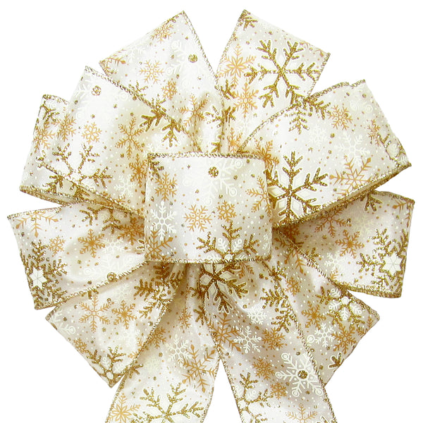 Golden Snowflake Bow - Wired Gold Glittering Snowflakes Bow (2.5"ribbon~10"Wx20"L)