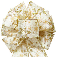 Golden Snowflakes Bow - Wired Gold Glittering Snowflakes Bow (2.5"ribbon~8"Wx16"L)