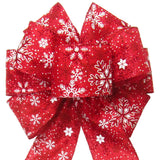 Christmas Wreath Bows - Wired Red Glittering Snowflakes Bow (2.5"ribbon~8"Wx16"L)