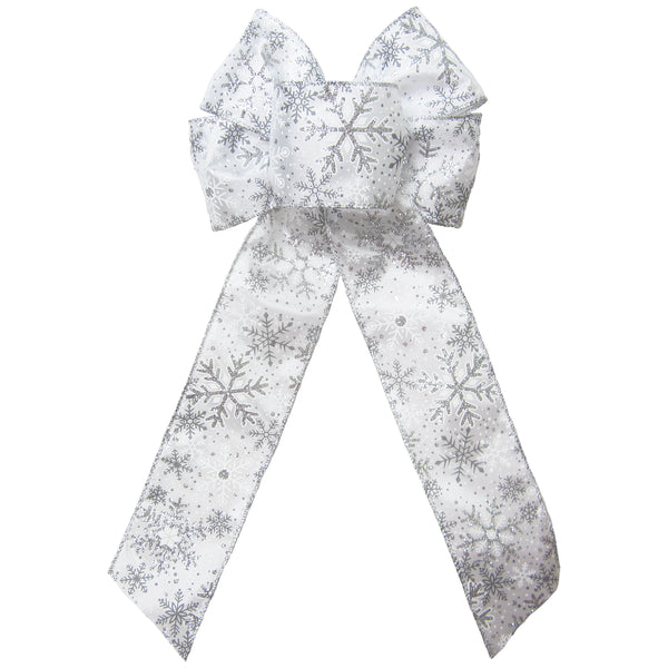 Silver Christmas Bows - Wired Silver Glittering Snowflakes Bow (2.5"ribbon~6"Wx10"L)