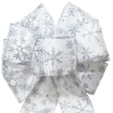 Silver Wreath Bows - Wired Silver Glittering Snowflakes Bow (2.5"ribbon~8"Wx16"L)