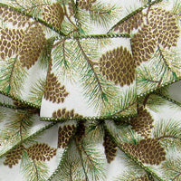Wired Golden Forest Pinecones Ribbon (#40-2.5"Wx10Yards)