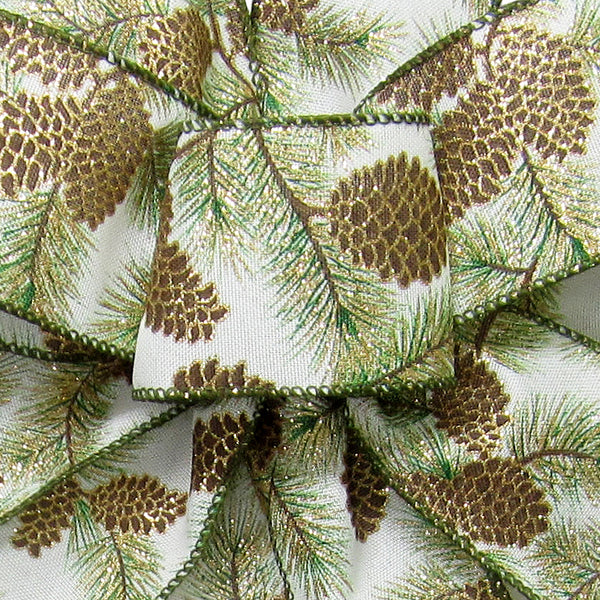 Wired Golden Forest Pinecones Ribbon (#40-2.5"Wx10Yards)