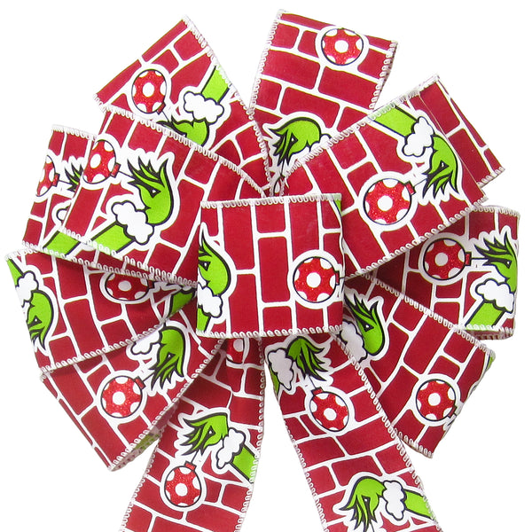 Christmas Bows - Wired Green Monster Hand Ornament Christmas Bow (2.5"ribbon~10"Wx20"L)