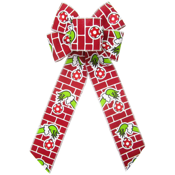 Christmas Bows - Wired Green Monster Hand Ornament Christmas Bow (2.5"ribbon~6"Wx10"L)