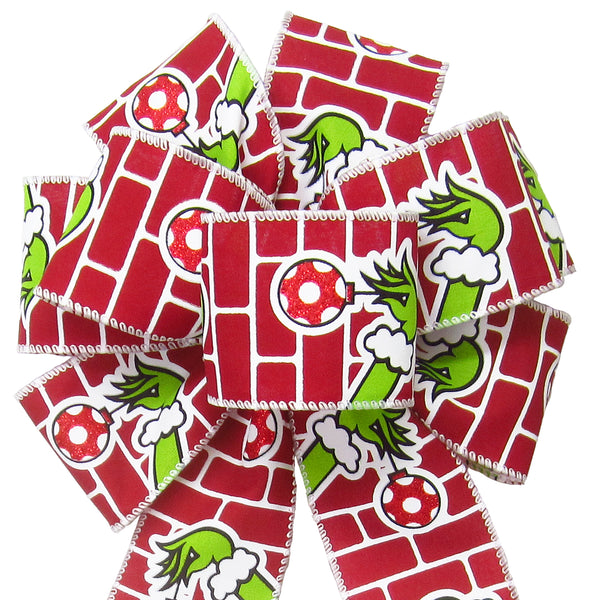 Christmas Wreath Bows - Wired Green Monster Hand Ornament Christmas Bow (2.5"ribbon~8"Wx16"L)