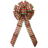 Christmas Wreath Bows - Wired Red Green & Golden Checks Bow (2.5"ribbon~10"Wx20"L)