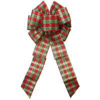 Christmas Wreath Bows - Wired Red Green & Golden Checks Bow (2.5"ribbon~8"Wx16"L)