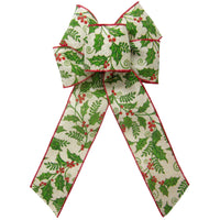 Christmas Bows - Wired Holly Berries on Natural Linen Bow (2.5"ribbon~6"Wx10"L)
