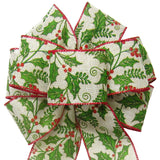 Christmas Wreath Bows - Wired Holly Berries on Natural Linen Bow (2.5"ribbon~8"Wx16"L)