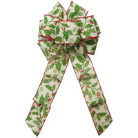 Holly Wreath Bows - Wired Holly Berries on Natural Linen Bow (2.5"ribbon~8"Wx16"L)