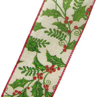 Christmas Ribbon - Wired Holly Berries on Natural Linen Ribbon (#40-2.5"Wx10Yards)