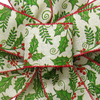 Natural Holly Ribbon - Wired Holly Berries on Natural Linen Ribbon (#40-2.5"Wx10Yards)