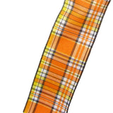 Fall Plaid Ribbon - Wired Ivory Orange & Black Plaid Linen Ribbon (#40-2.5"Wx10Yards)