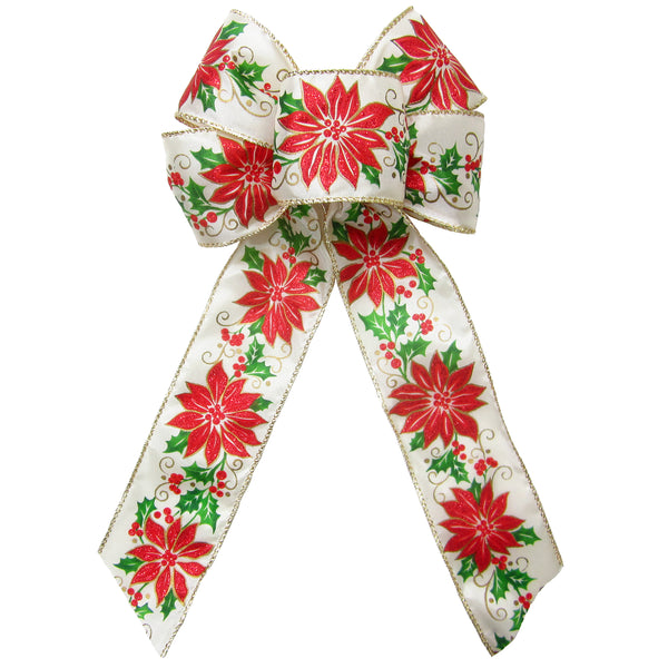 Wired Ivory & Red Poinsettia Bow (2.5"ribbon~6"Wx10"L)