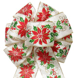 Wired Ivory & Red Poinsettia Bow (2.5"ribbon~8"Wx16"L)