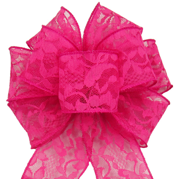 Lace Wedding Bows - Wired Bright Pink Lace Bows (2.5"ribbon~8"Wx16"L)