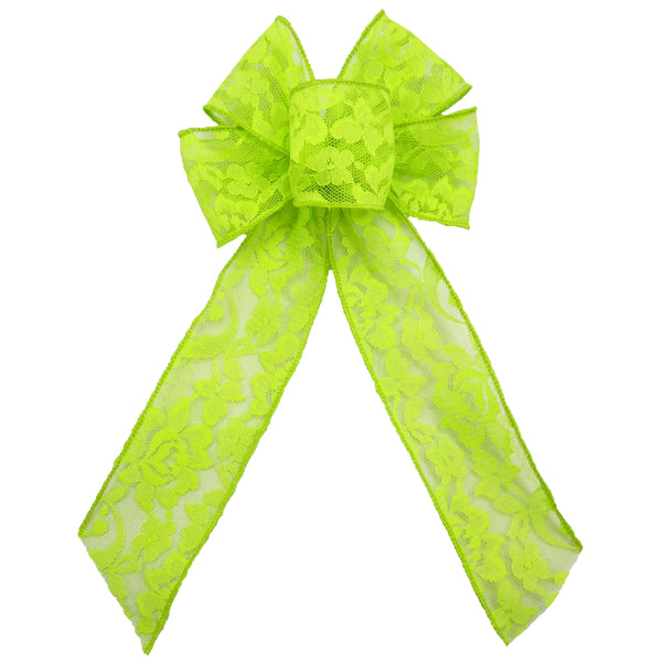 Lace Christmas Bows - Wired Lime Green Lace Bows (2.5"ribbon~6"Wx10"L)