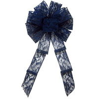 Lace Christmas Bows - Wired Navy Blue Lace Bows (2.5"ribbon~8"Wx16"L)