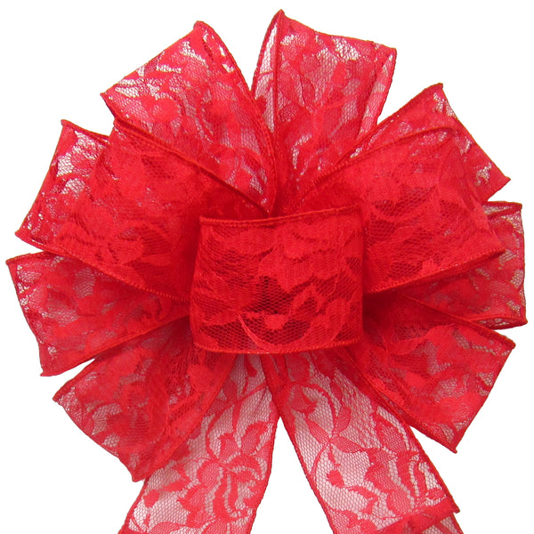 Christmas Lace Bows - Wired Red Lace Bows (2.5"ribbon~10"Wx20"L)