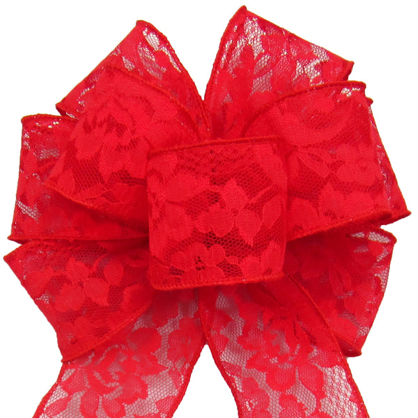 Christmas Bows - Wired Red Lace Bows (2.5"ribbon~8"Wx16"L)