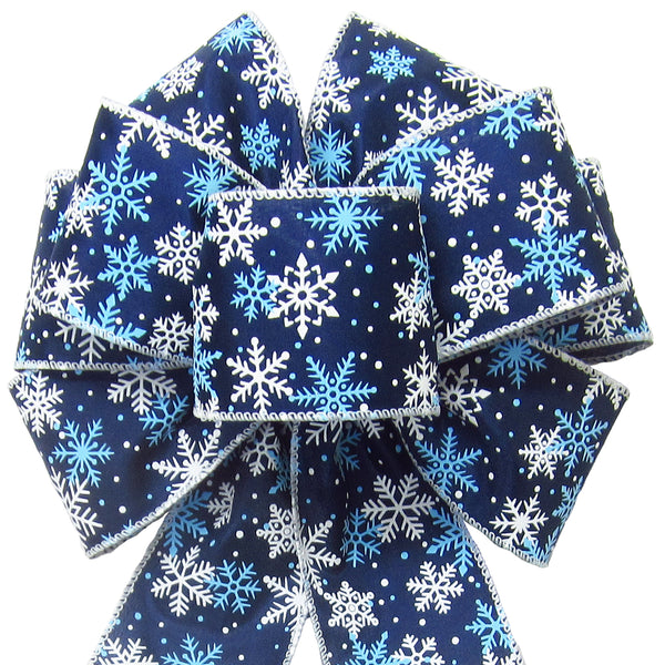 Christmas Wreath Bows - Wired Midnight Blue Snowflakes Bow (2.5"ribbon~8"Wx16"L)