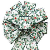 Wired Painted Mistletoe & Red Berries  Bow (2.5"ribbon~10"Wx20"L)