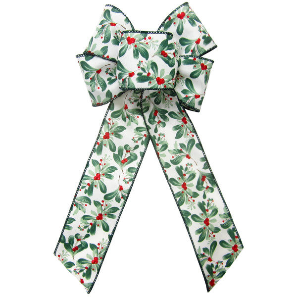 Wired Painted Mistletoe & Red Berries Bow (2.5"ribbon~6"Wx10"L)