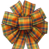 Fall Bows - Wired Navy Blue & Orange Plaid Fall Bows (2.5"ribbon~10"Wx20"L)