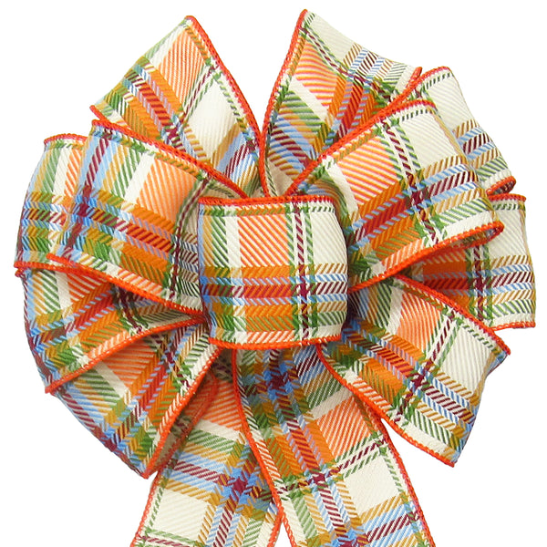 Wired Woven Orange & Cream Plaid Fall Bows (2.5"ribbon~10"Wx20"L)