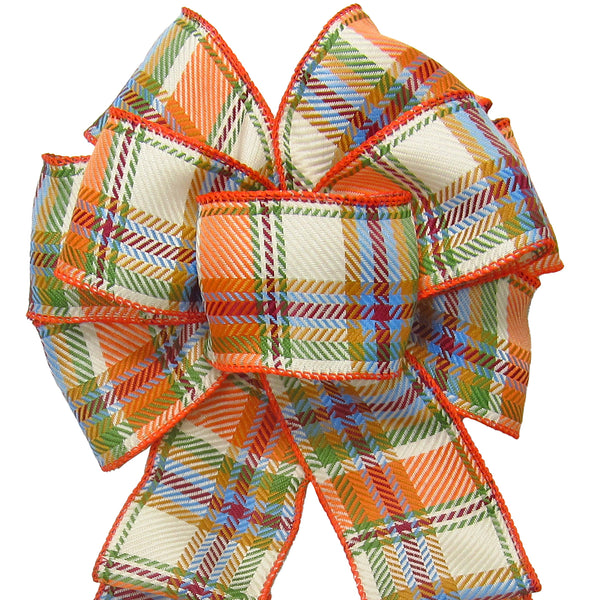 Wired Woven Orange & Cream Plaid Fall Bows (2.5"ribbon~8"Wx16"L)